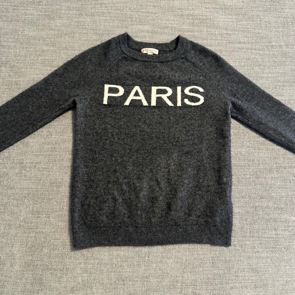 Philosophy Cashmere Sweater Womens Small Gray Paris Graphic Pullover
